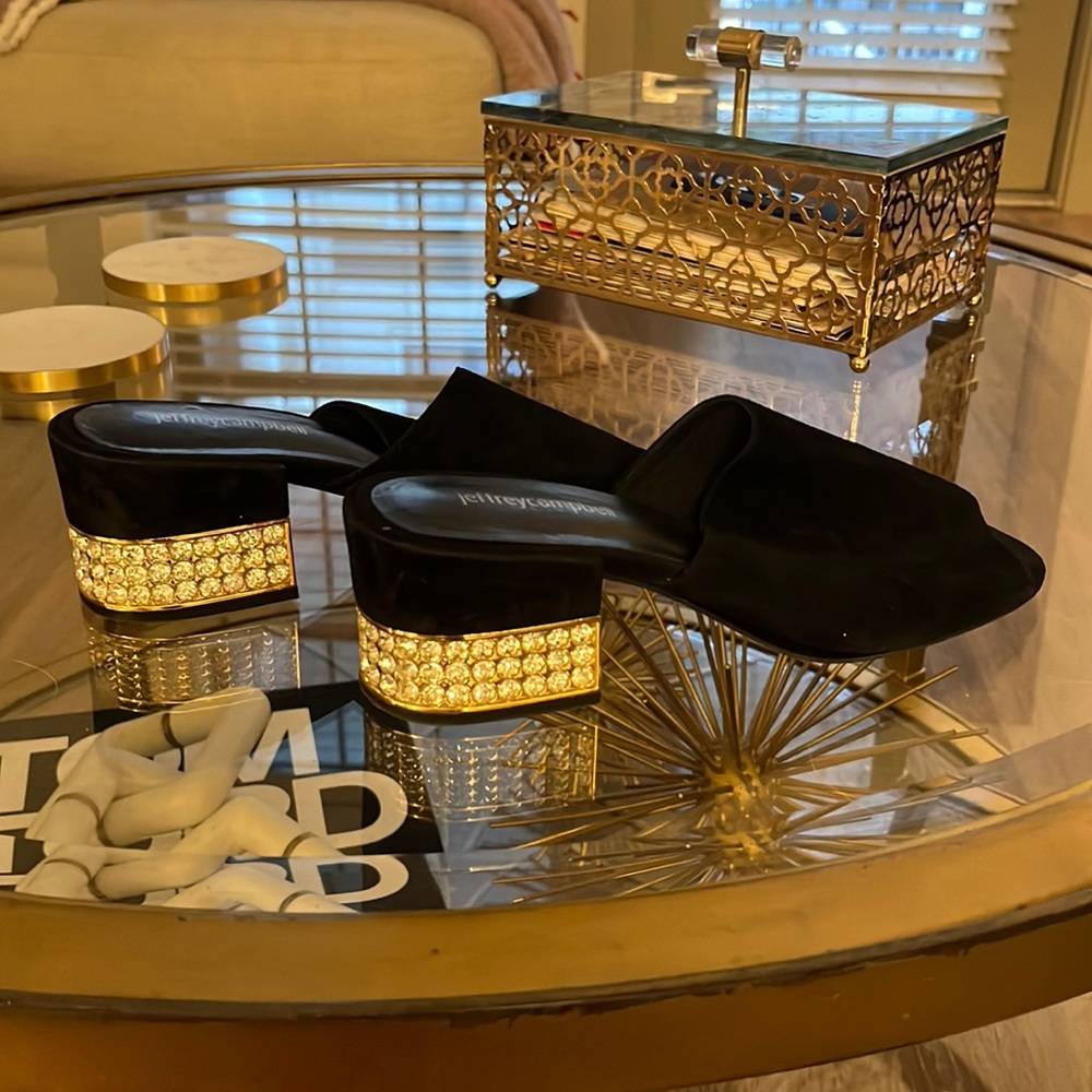Jeffrey Campbell Black Suede Rhinestone Heel Sandals